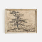 Framed artwork of a tree in a landscape on a white background