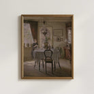 Vintage dining room print featuring a woman at the window in an antique farmhouse interior