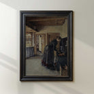 Vintage kitchen scene print in black frame showing a woman preparing food in a farmhouse kitchen