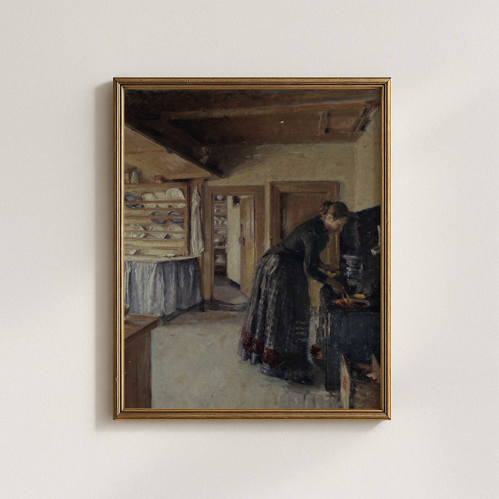 Vintage kitchen scene print featuring a woman cooking at a stove in a country farmhouse kitchen