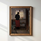 Maid in the kitchen print featuring a woman standing at a farmhouse window in an antique country home