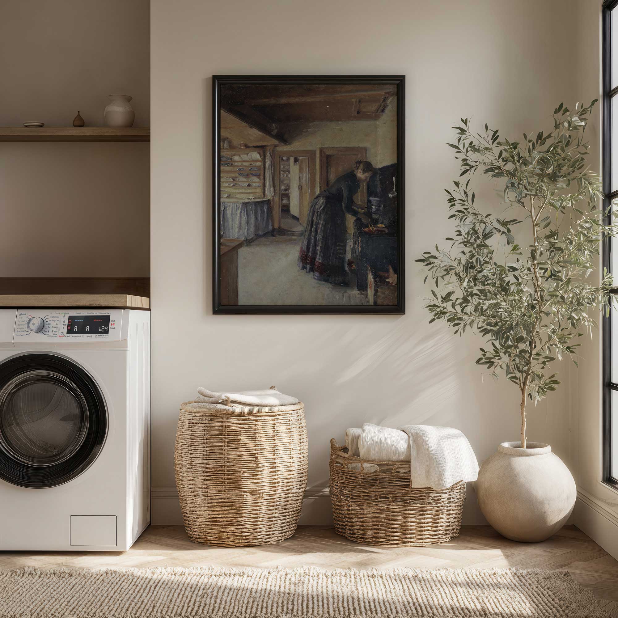 Vintage kitchen scene print displayed as country farmhouse wall art in a neutral laundry room