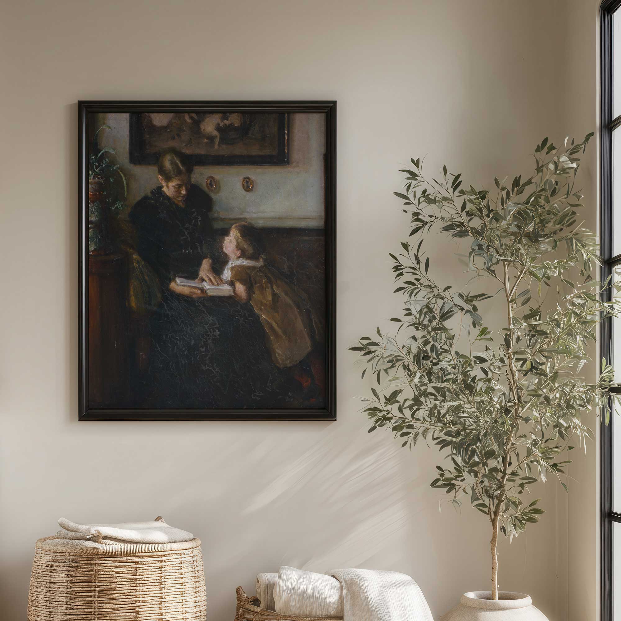 Vintage mother and child reading print displayed in a neutral farmhouse living room with black frame