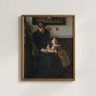 Vintage mother and child reading wall art displayed in modern gold frame