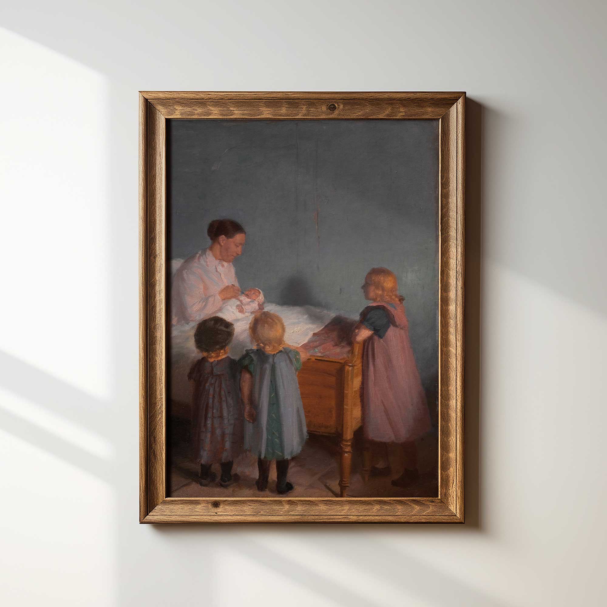 Vintage Mother & Newborn print depicting a mother with her infant as three young children stand beside the bed