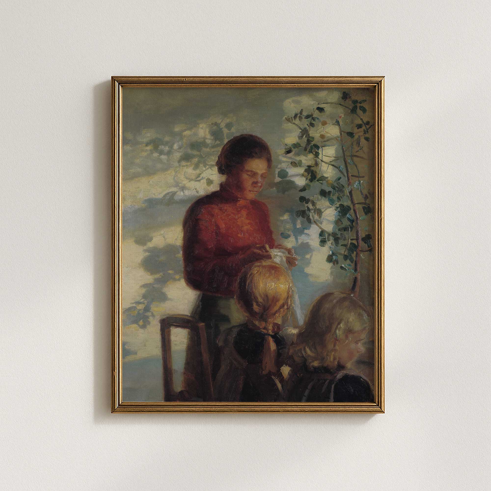 Vintage Sewing Lesson print featuring a woman teaching two young girls in a sunlit farmhouse interior