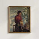 Vintage Sewing Lesson print featuring a woman teaching two young girls in a sunlit farmhouse interior