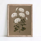 Framed botanical illustration of white flowers on a brown background