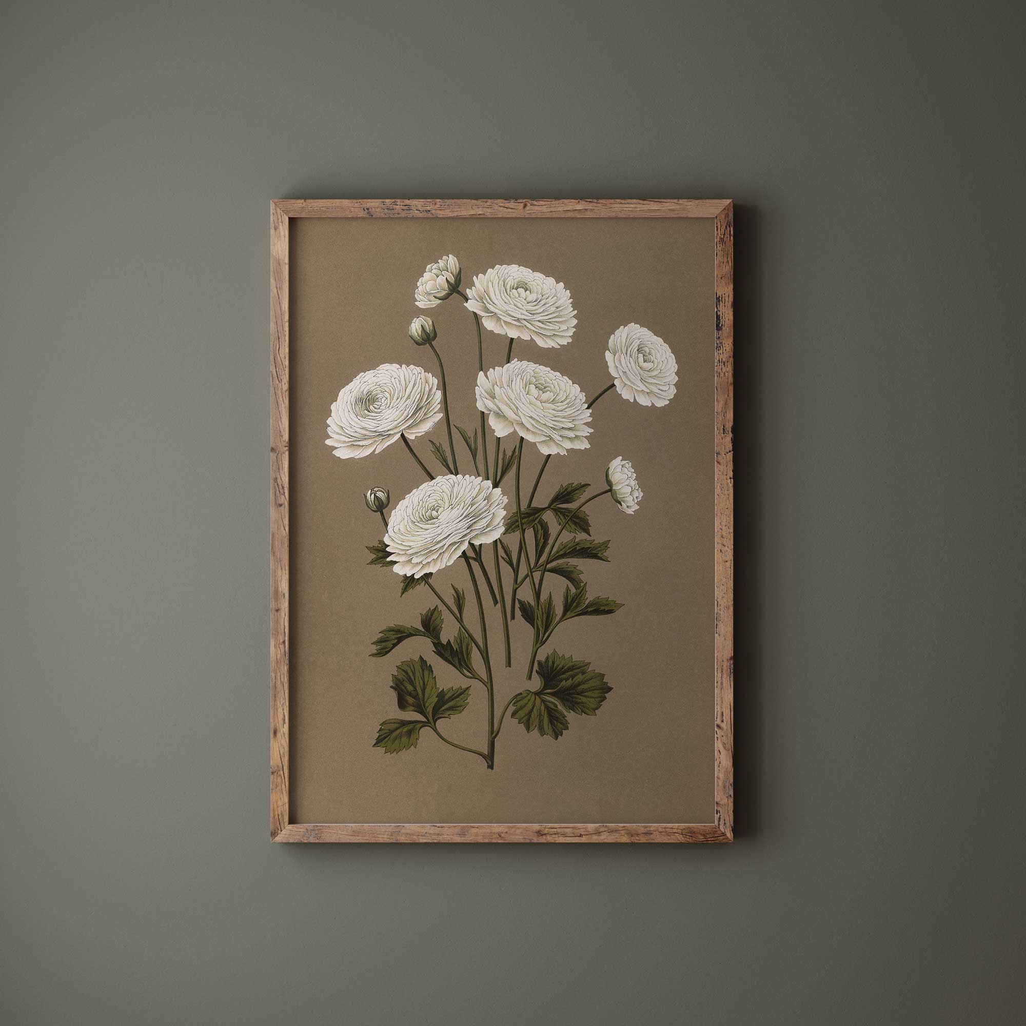 Framed floral artwork on a green wall
