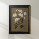 Framed botanical illustration of white flowers on a beige background