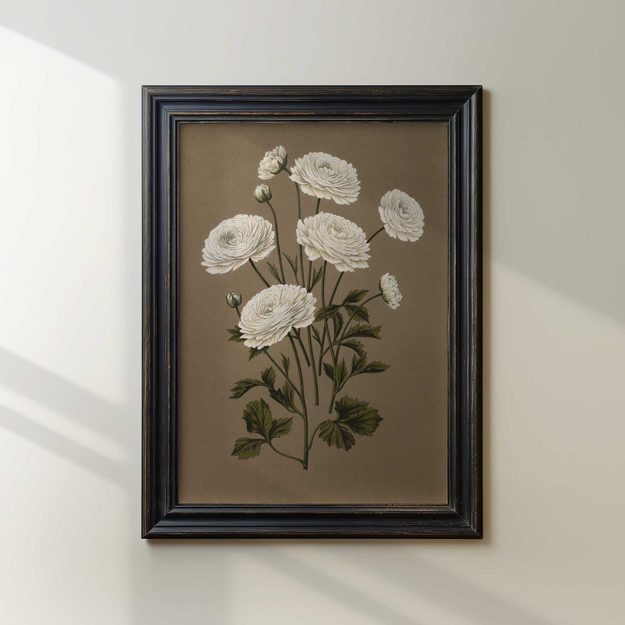 Framed botanical illustration of white flowers on a beige background