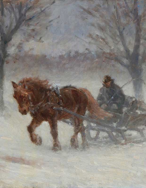 Horse-drawn sleigh in a snowy landscape, representing seasonal prints