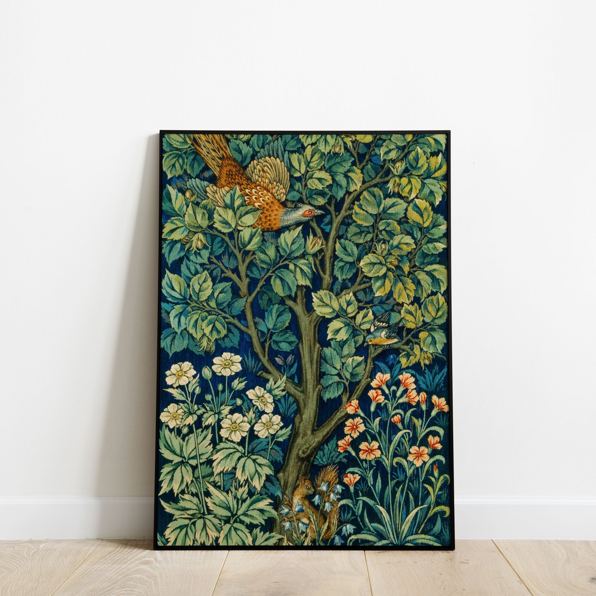William Morris Pheasant in the Garden Tapestry Print, Botanical Textile Wall Art in a black frame