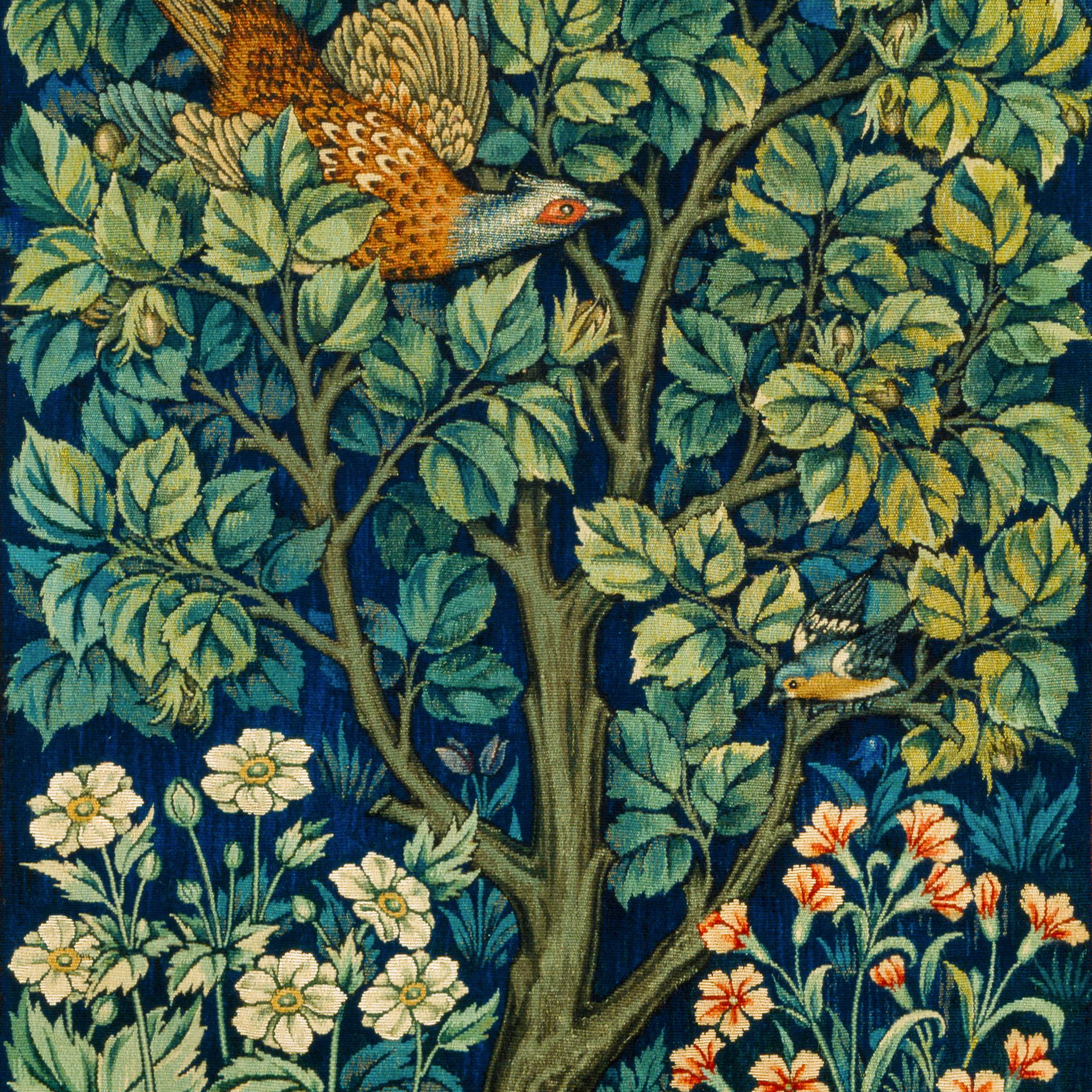 William Morris Pheasant in the Garden Print, Botanical Textile Wall Art close up view