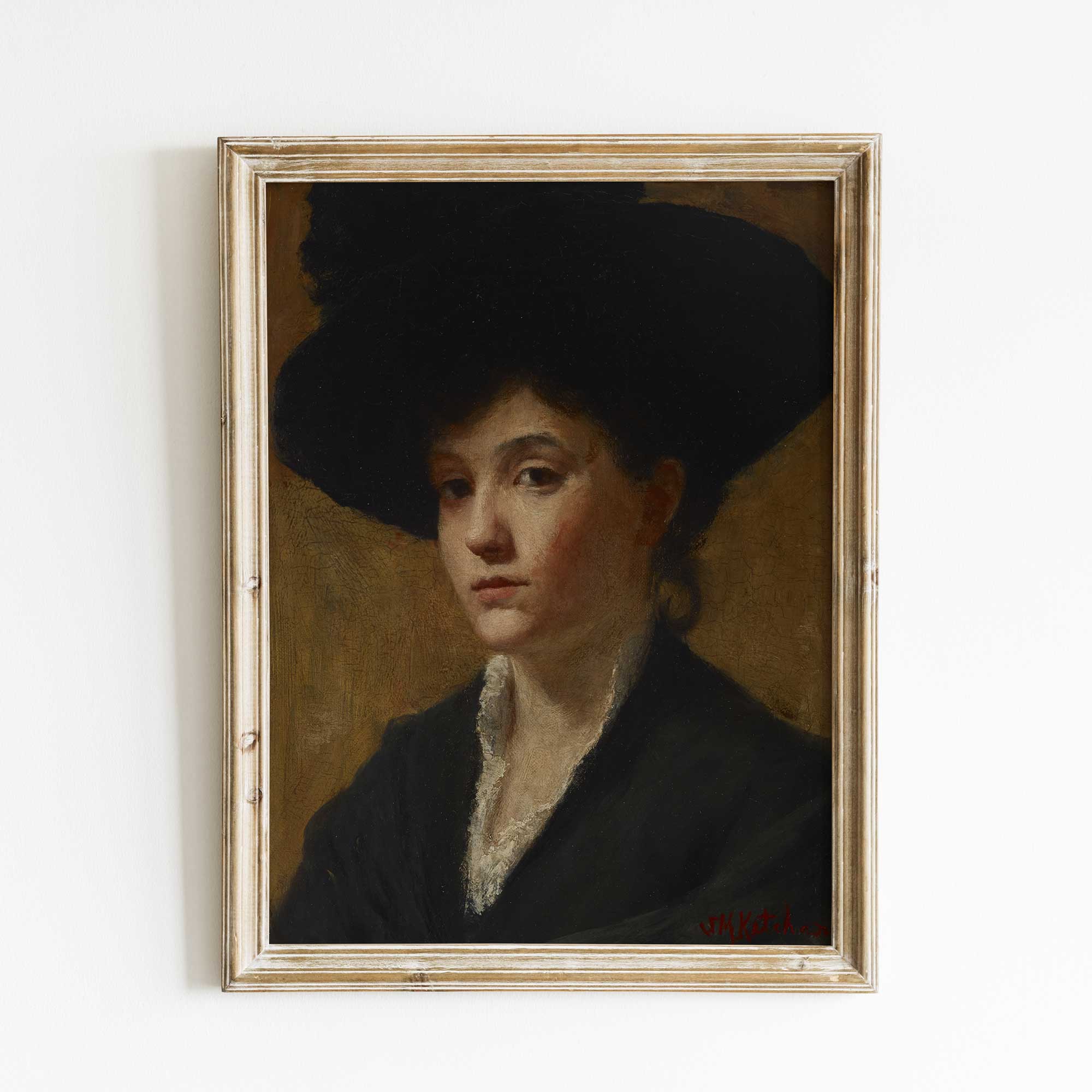 Antique Moody Portrait Print of a Lady with a Hat - Hartsholme Prints