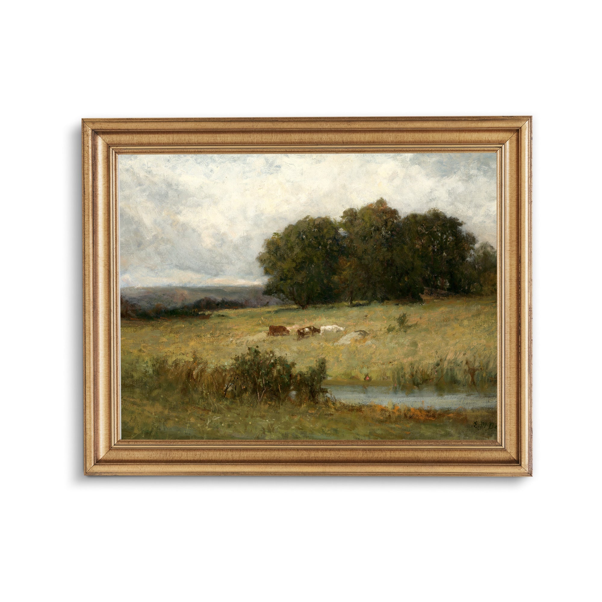 Country Farmhouse Print: Cattle Near Stream - Hartsholme Prints