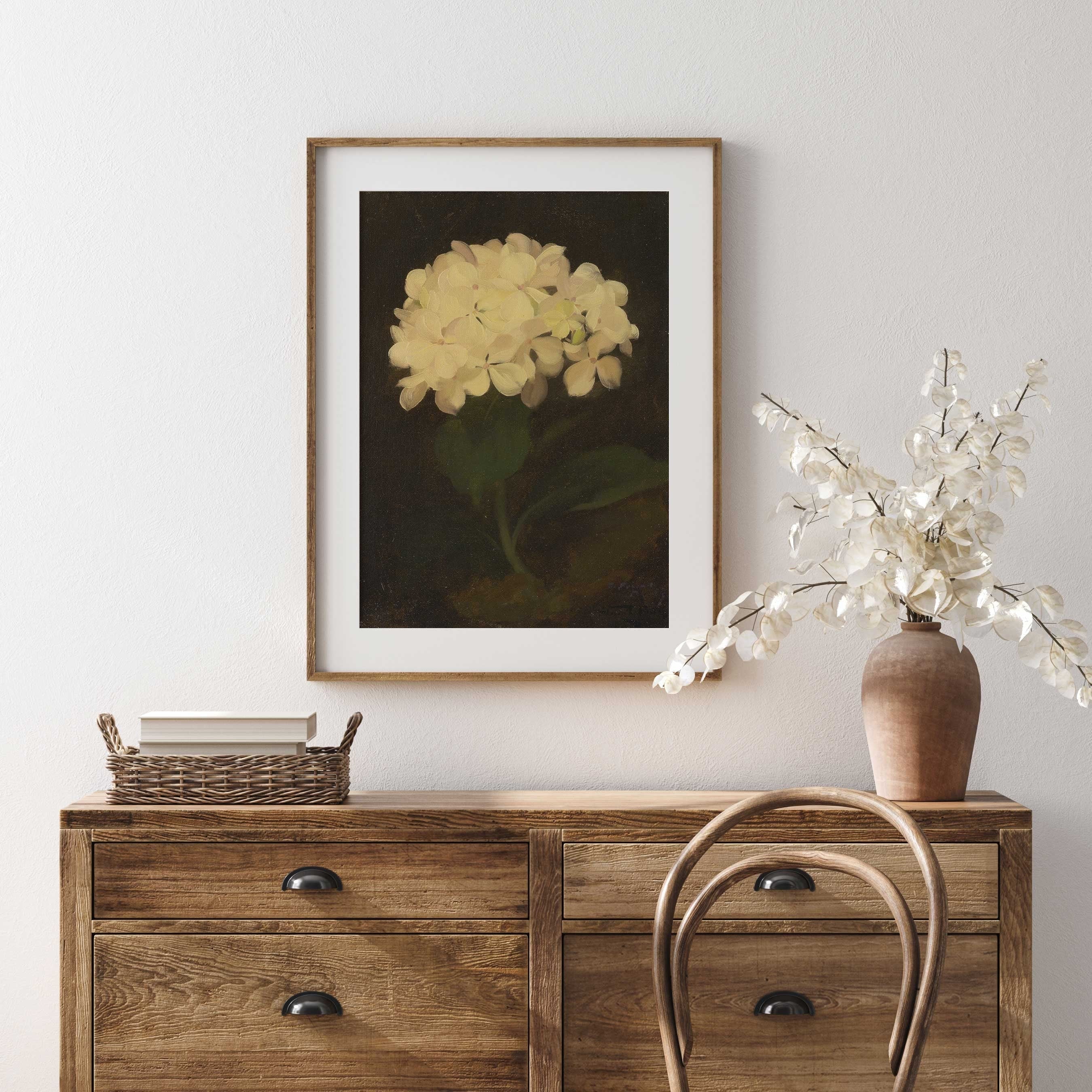 Dark Academia Still Life Print: White Hydrangea - Hartsholme Prints