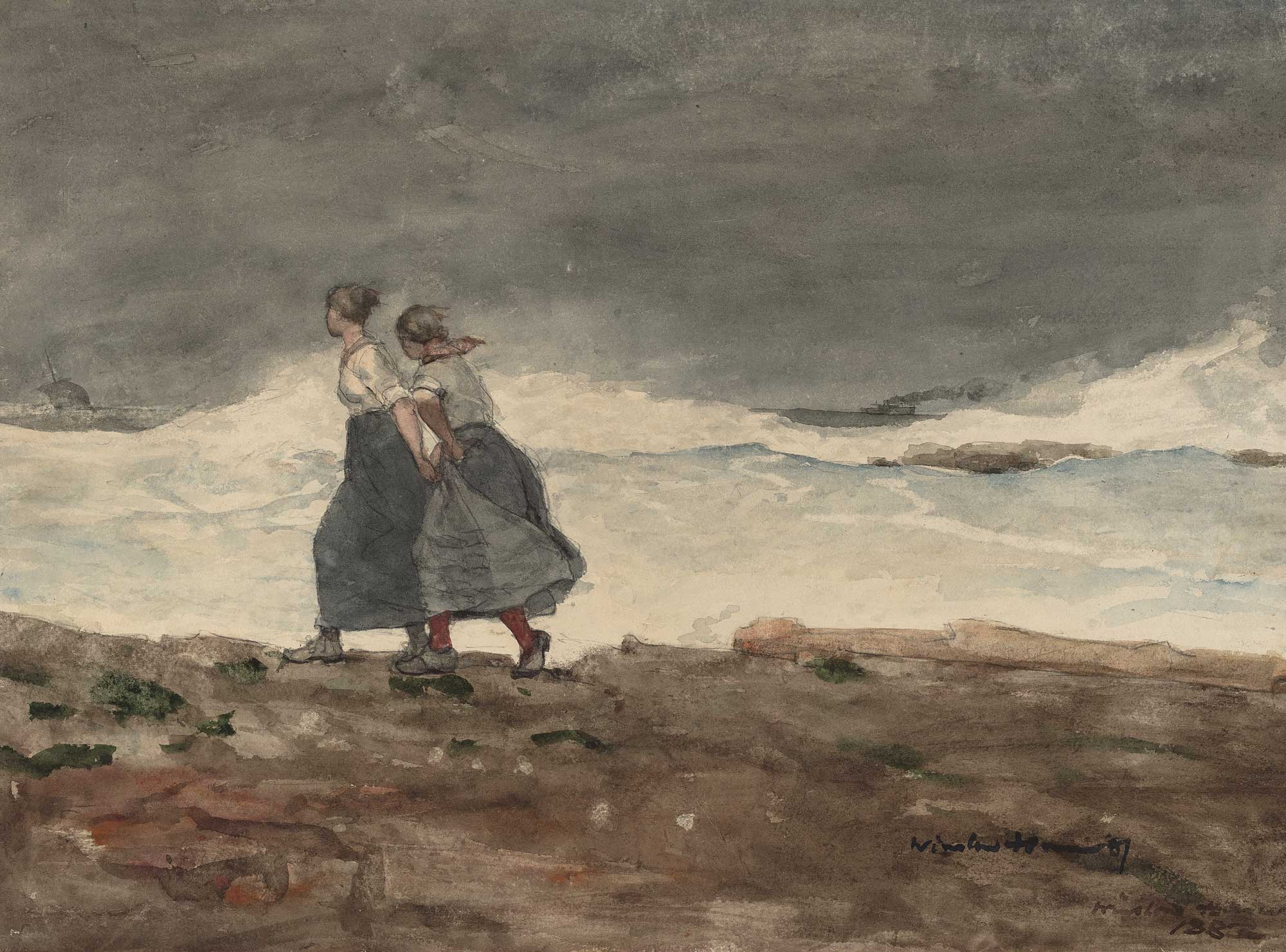 Two Girls Walking by the Sea Antique Portrait, Fine Art Print - Hartsholme Prints
