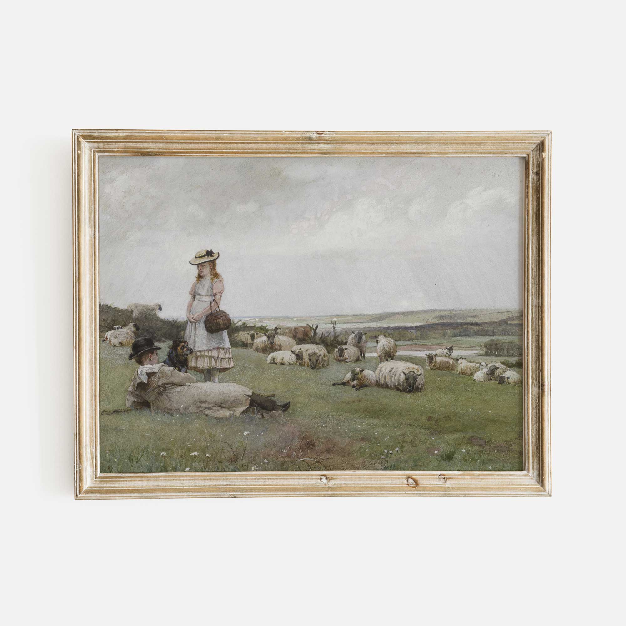 Vintage Country Farm Print, Children and Sheep - Hartsholme Prints