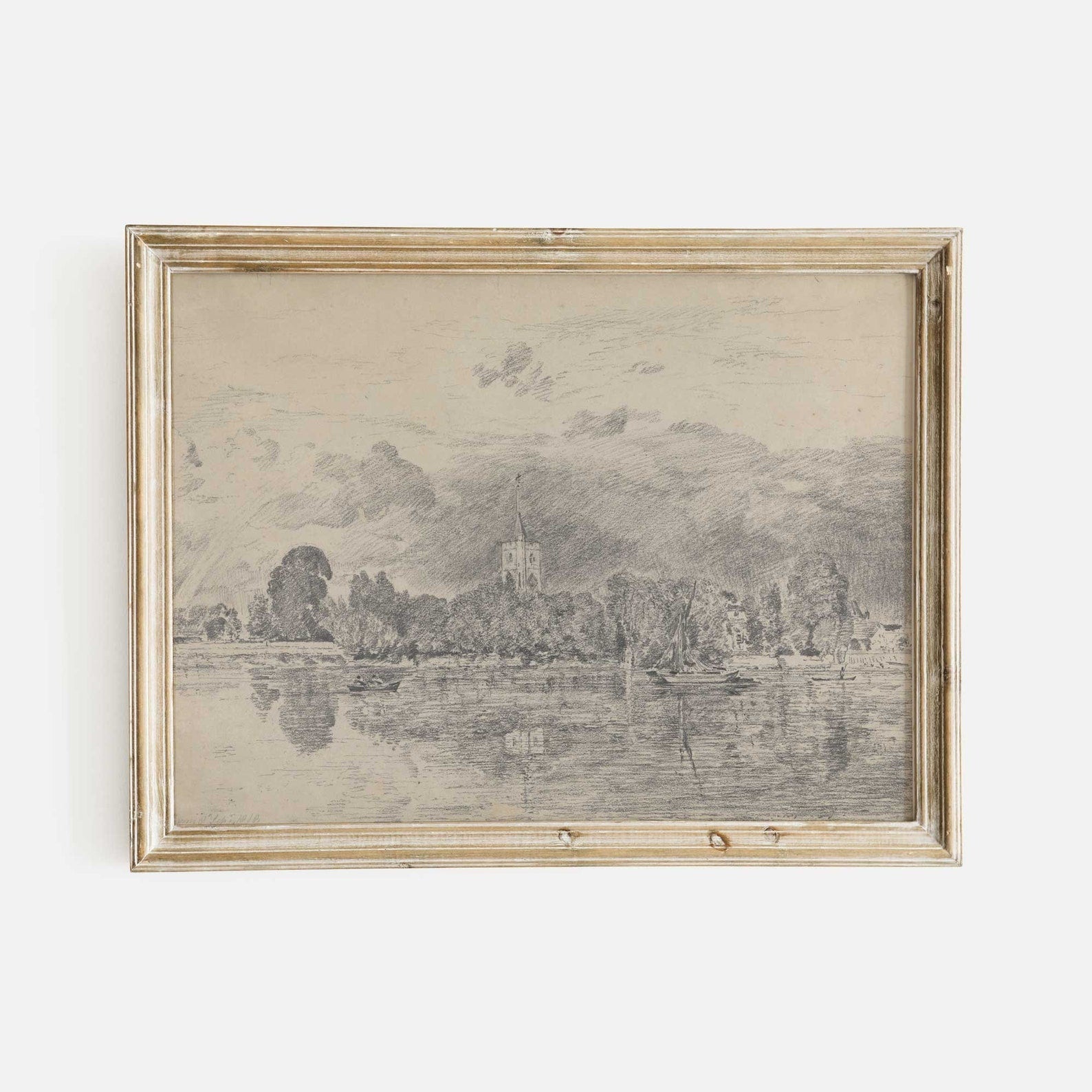 Vintage Sketch Print of a Church Across the River - Hartsholme Prints